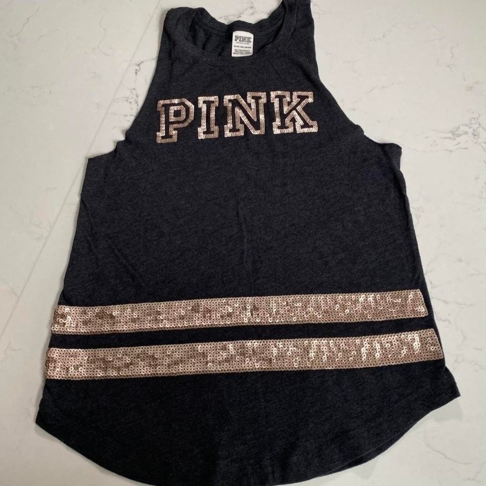 Victoria's Secret PINK Sequin Logo Tank Top Gray Sleeveless Shirt XS